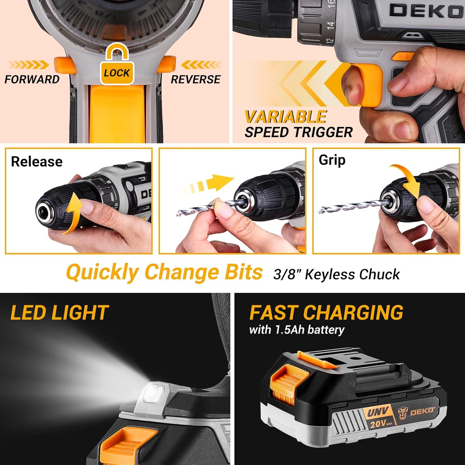 Detalle 2 de DEKO Cassetta Attrezzi Completa 20V con Trapano Avvitatore a Batteria, 186 Pezzi – Set Professionale per Casa e Lavori di Fai-da-te