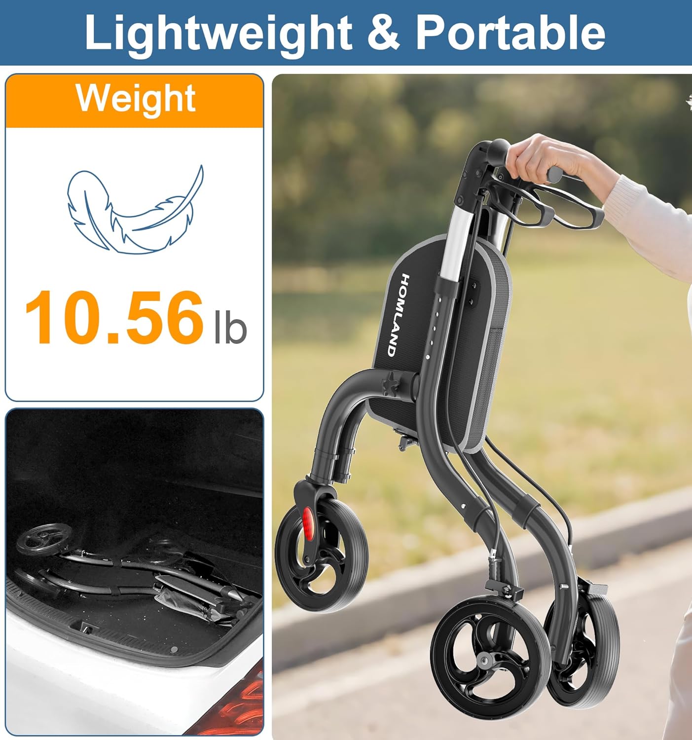 Detalle 2 de HOMLAND 3 Wheel Walkers for Seniors — Lightweight, Foldable Aluminum Rollator with Removable Storage Bag