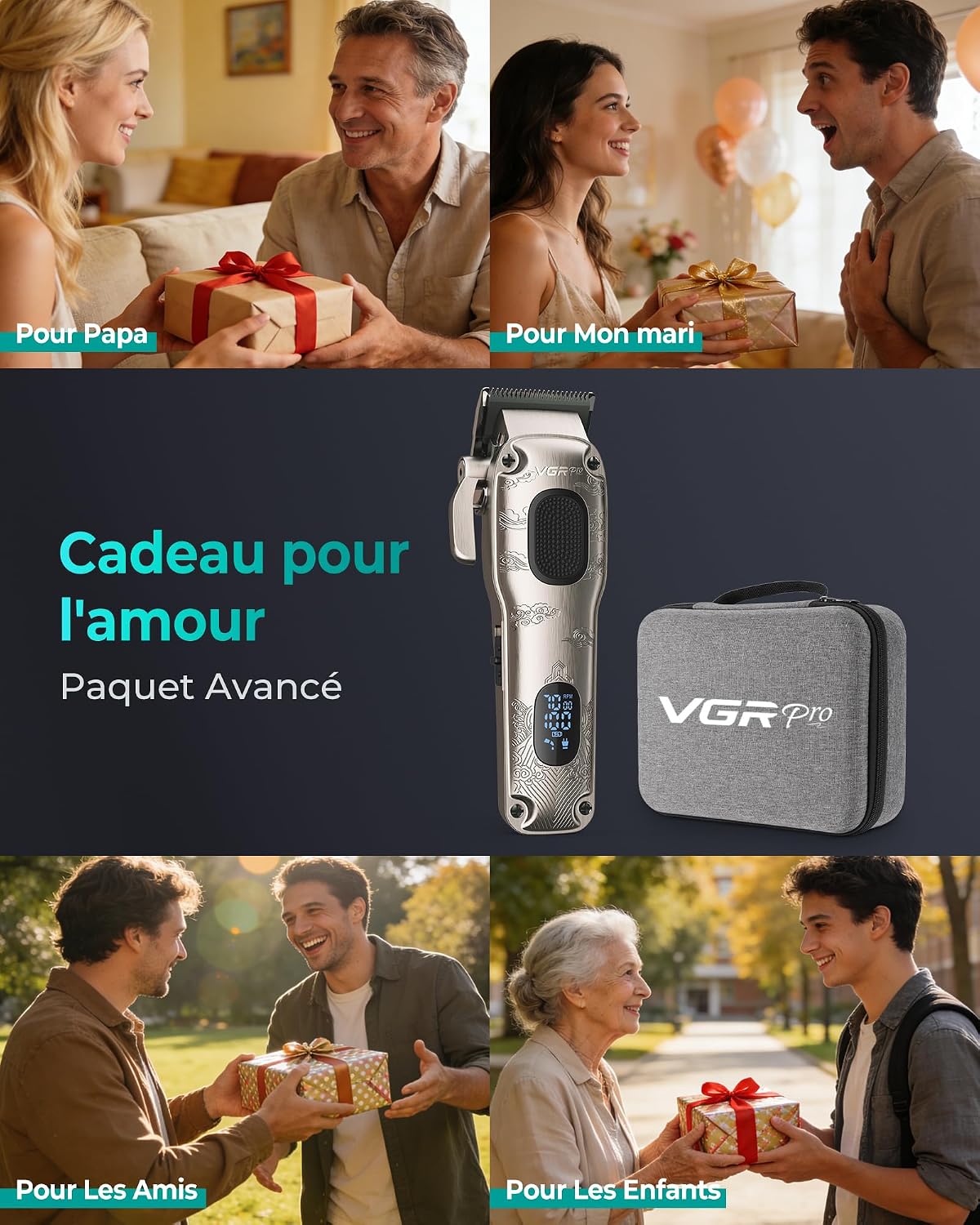 Thumbnail 5 de VGRPRO Tondeuse Cheveux Hommes Professionnel – kit sans fil avec étui et LED, 11 sabots et accessoires