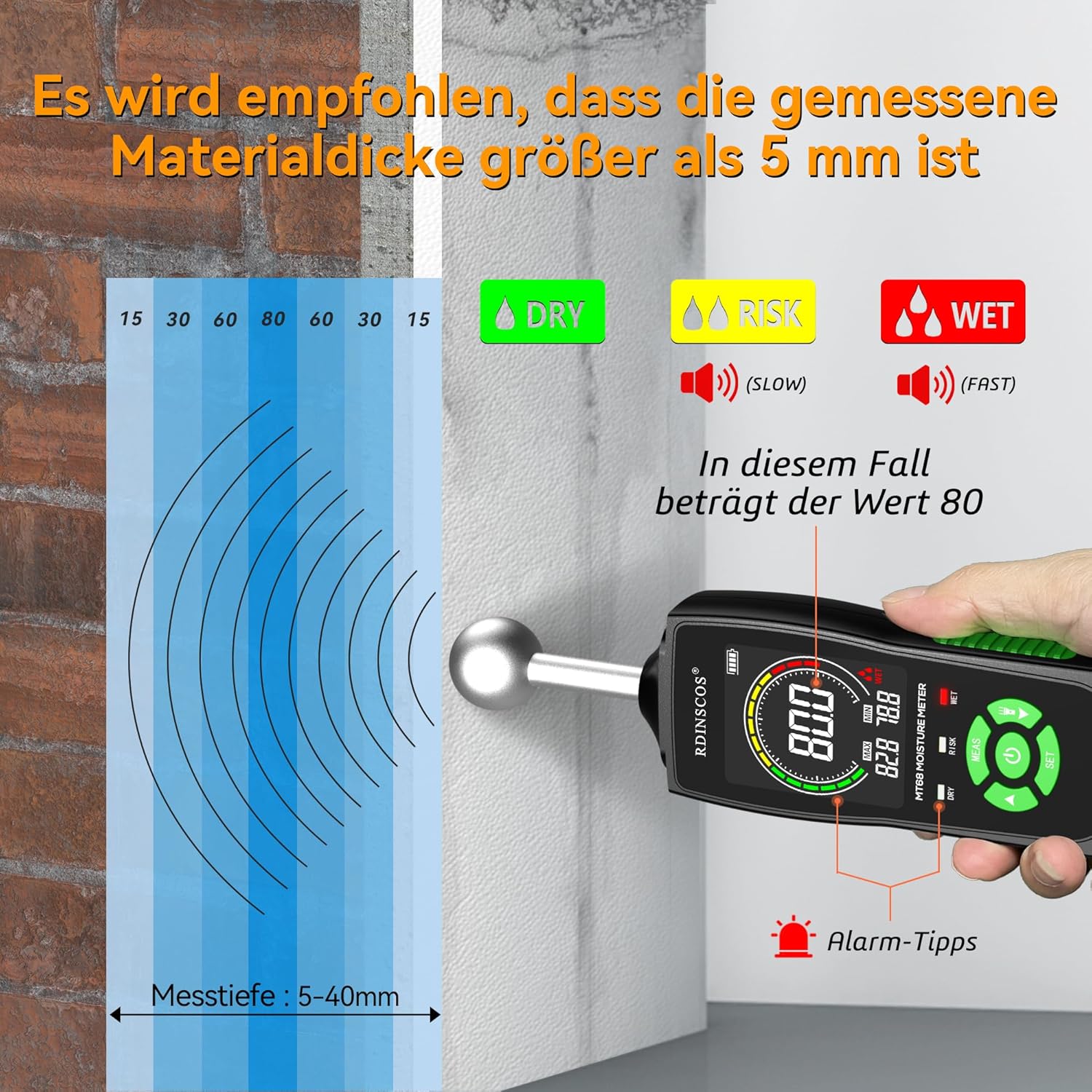 Detalle 2 de RDINSCOS Feuchtigkeitsmessgerät Wand – zerstörungsfreie Tiefenmessung bis 40 mm