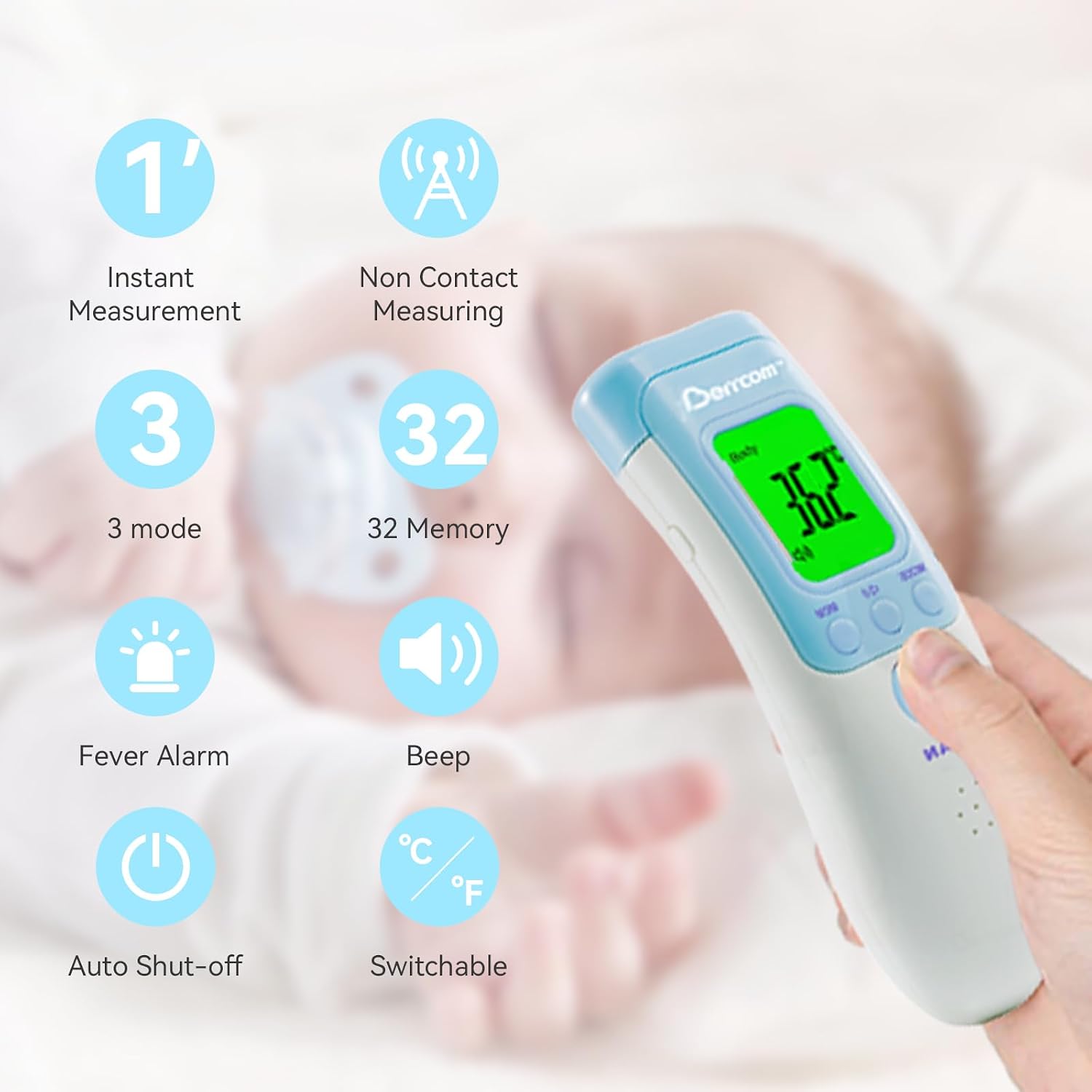 Detalle de Berrcom Fieberthermometer Kontaktlos Stirnthermometer – Infrarot 3-in-1, Fieberalarm, LCD Anzeige