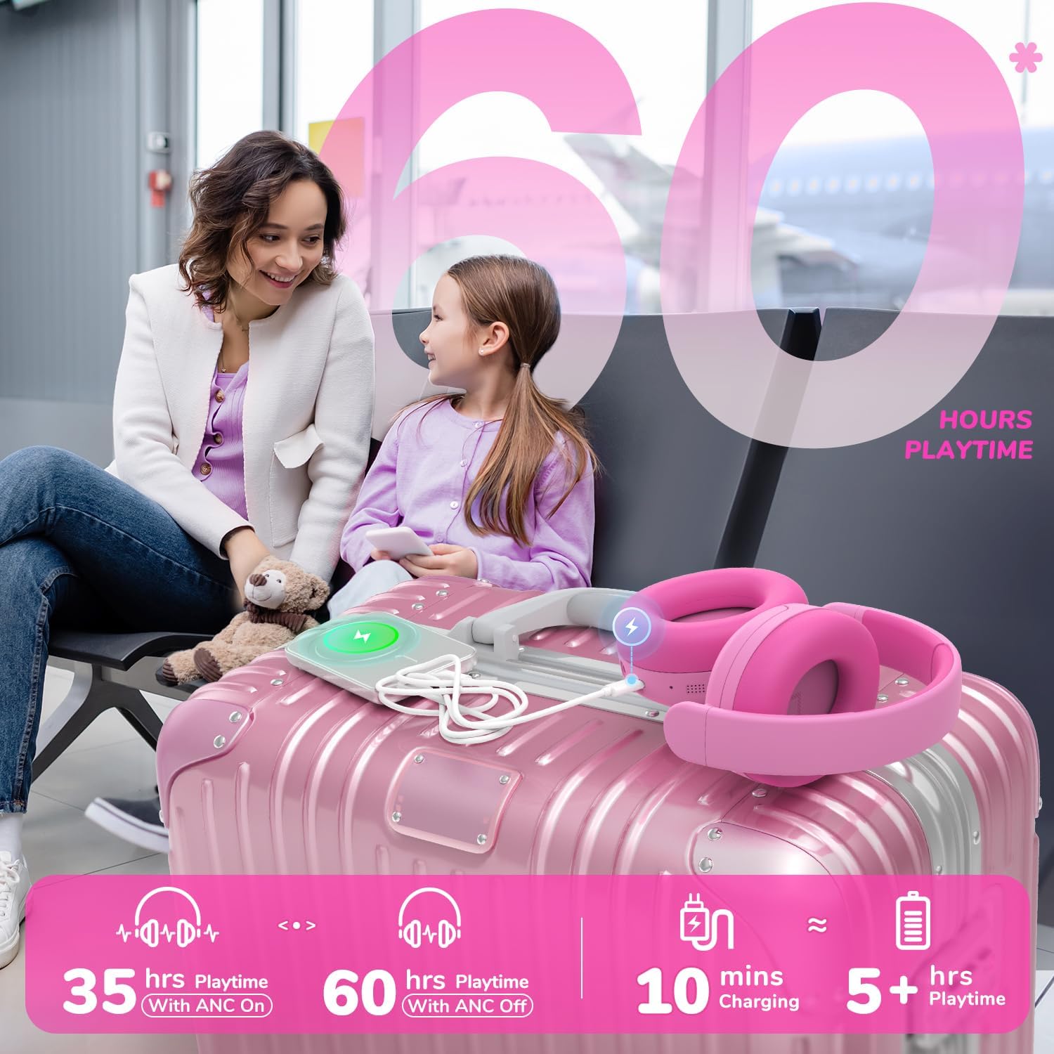 Detalle de iClever Noise Cancelling Kinder-Kopfhörer per Bluetooth 5.4 mit 60 Std. Spielzeit und 80 dBA Lautstärkelimit