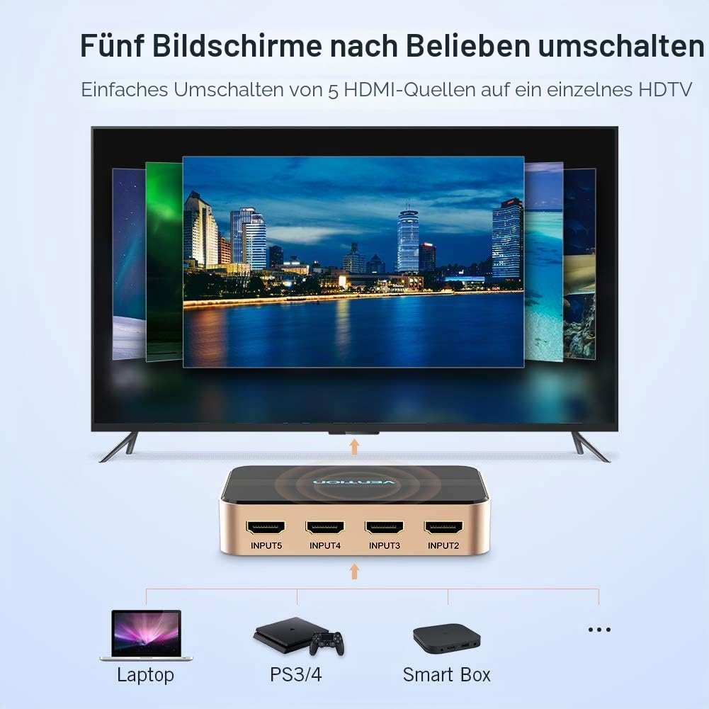 Thumbnail 1 de HDMI Switch 4K 5 in 1 Out – 4K@30Hz, 3D, IR-Fernbedienung, Kompatibel mit PS5/PS4/Xbox/DVD/Blu-ray