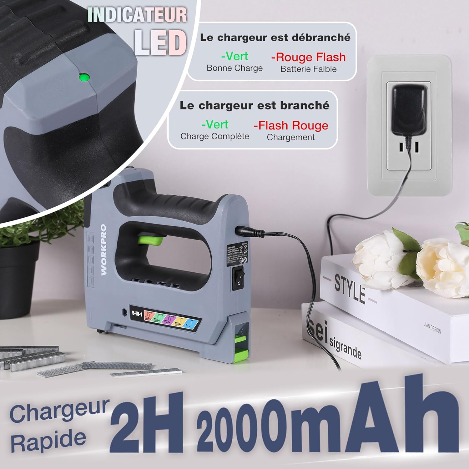 Thumbnail 5 de WORKPRO Agrafeuse sans Fil 3,6 V Multifonction 5 en 1 – Kit complet (2000 agrafes)