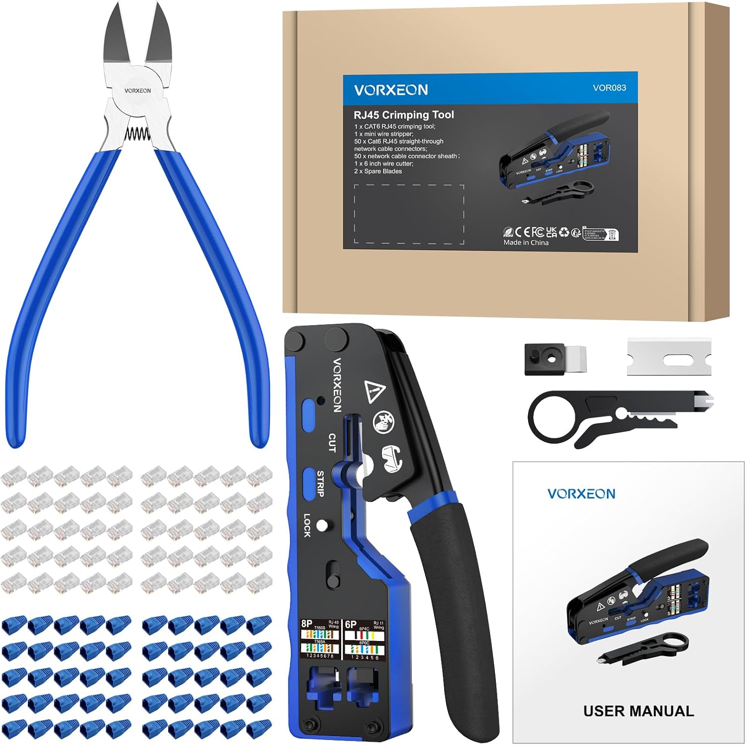 Thumbnail 6 de Pinza Crimpatrice RJ45 VORXEON per Cavi Ethernet Cat6 Cat5e: Kit completo 8P+6P, 50 Connettori RJ45 Cat6 e Accessori