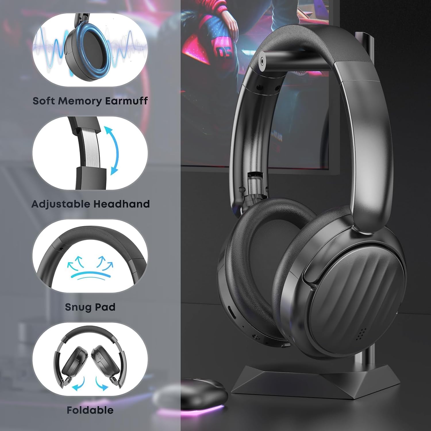 Detalle de MMWOWARTS Bluetooth Headphones with ANC — 35H Playtime, Over-Ear, Foldable, 40mm Drivers, Black