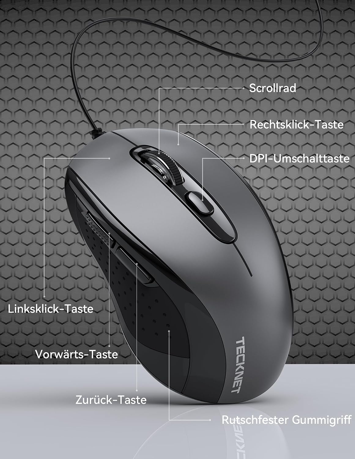 Detalle de TECKNET Maus mit Kabel (6400 DPI) – ergonomische Business-Optik mit 6 Tasten, 4 DPI-Level und USB-Plug&Play (Grau)