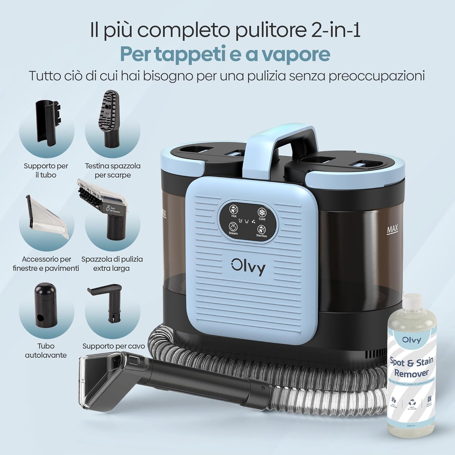 Detalle 2 de Olvy Pulitore per Tappeti PRO – Aspiratore a Umido e Pulitore a Vapore per Imbottiti, 1650W