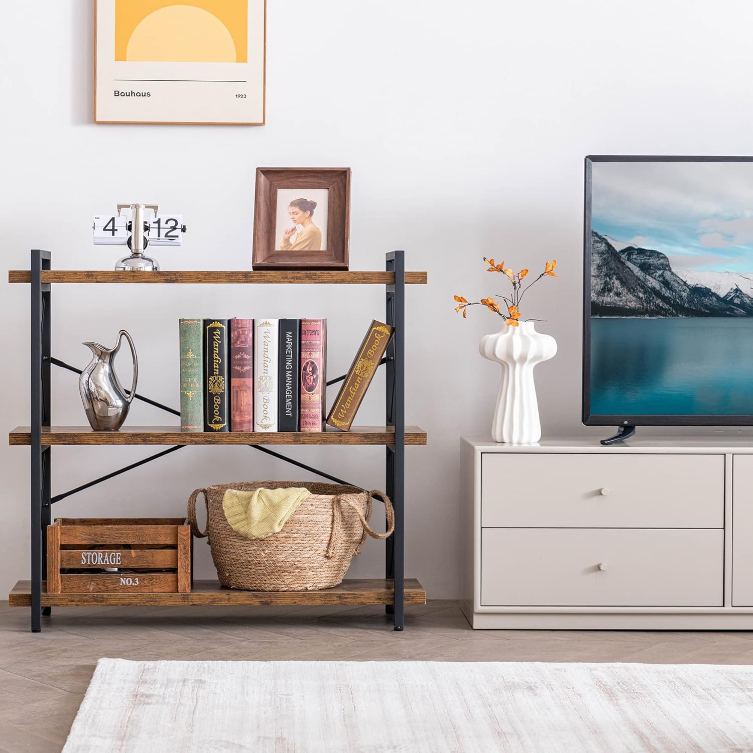 Thumbnail 3 de HCHQHS 3-Tier Industrial Bookshelf (Rustic Wood & Black Metal, Open Book Shelf)