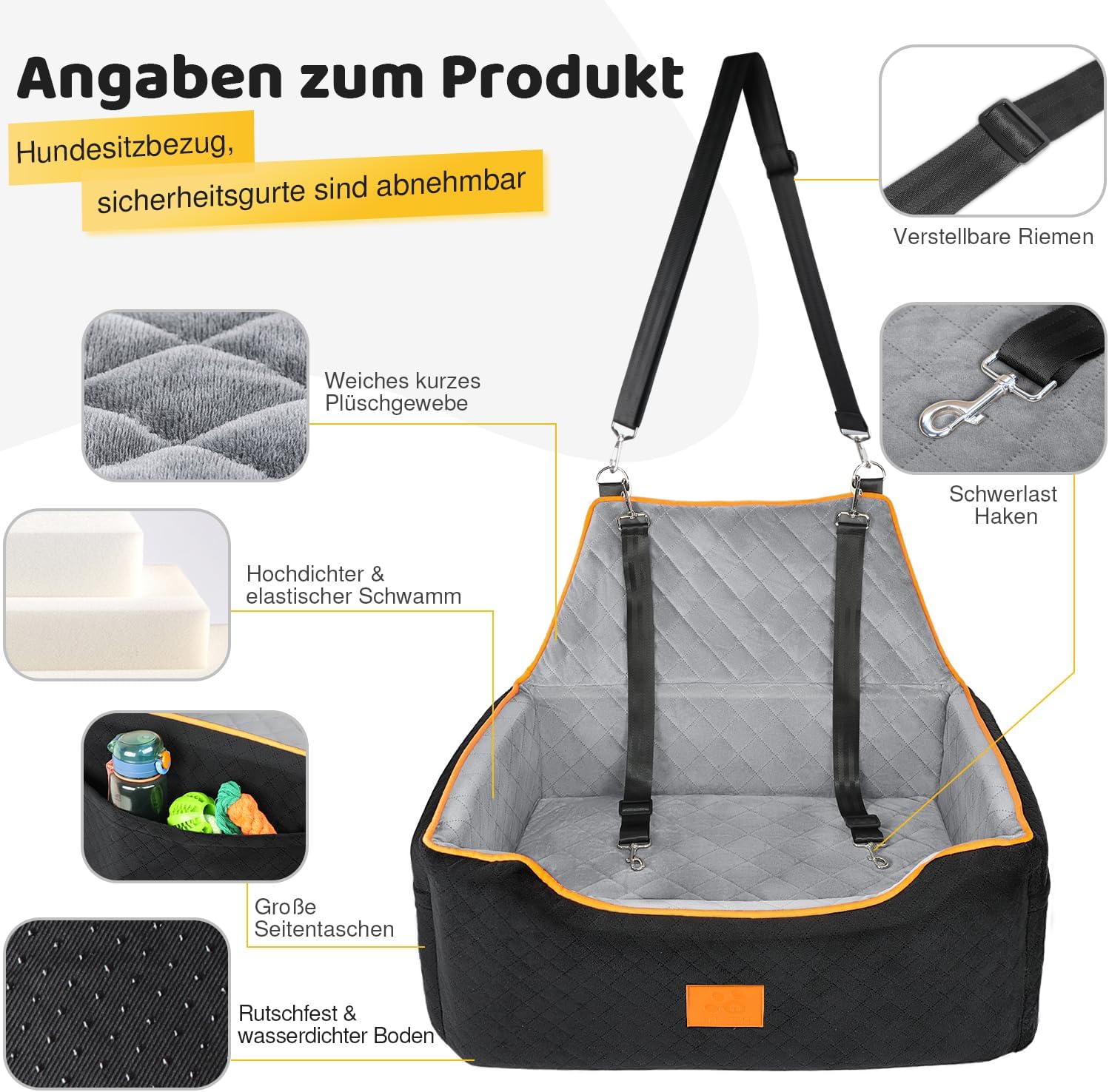 Detalle de GL GLENSLAVE Hundesitz-Erhöhung für große/mittlere Hunde bis 25 kg, abnehmbar & waschbar (schwarz/grau)