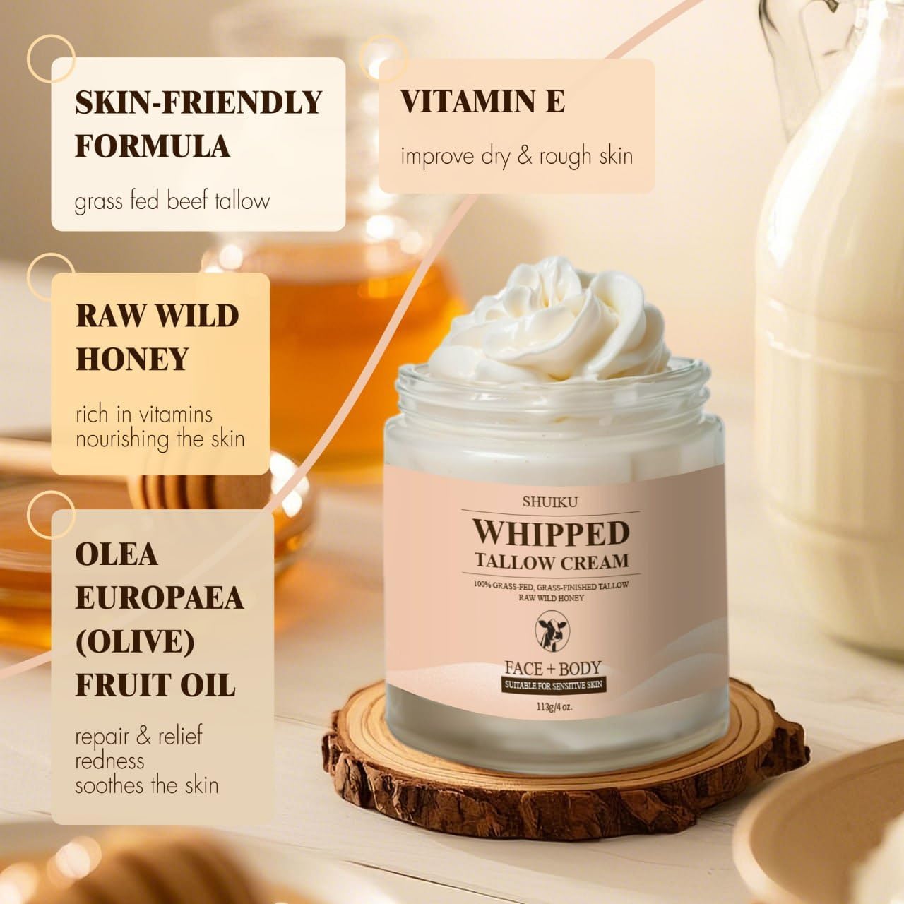 Detalle de Grass-Fed Beef Tallow and Honey Balm Moisturizer for Face, Body & Hands