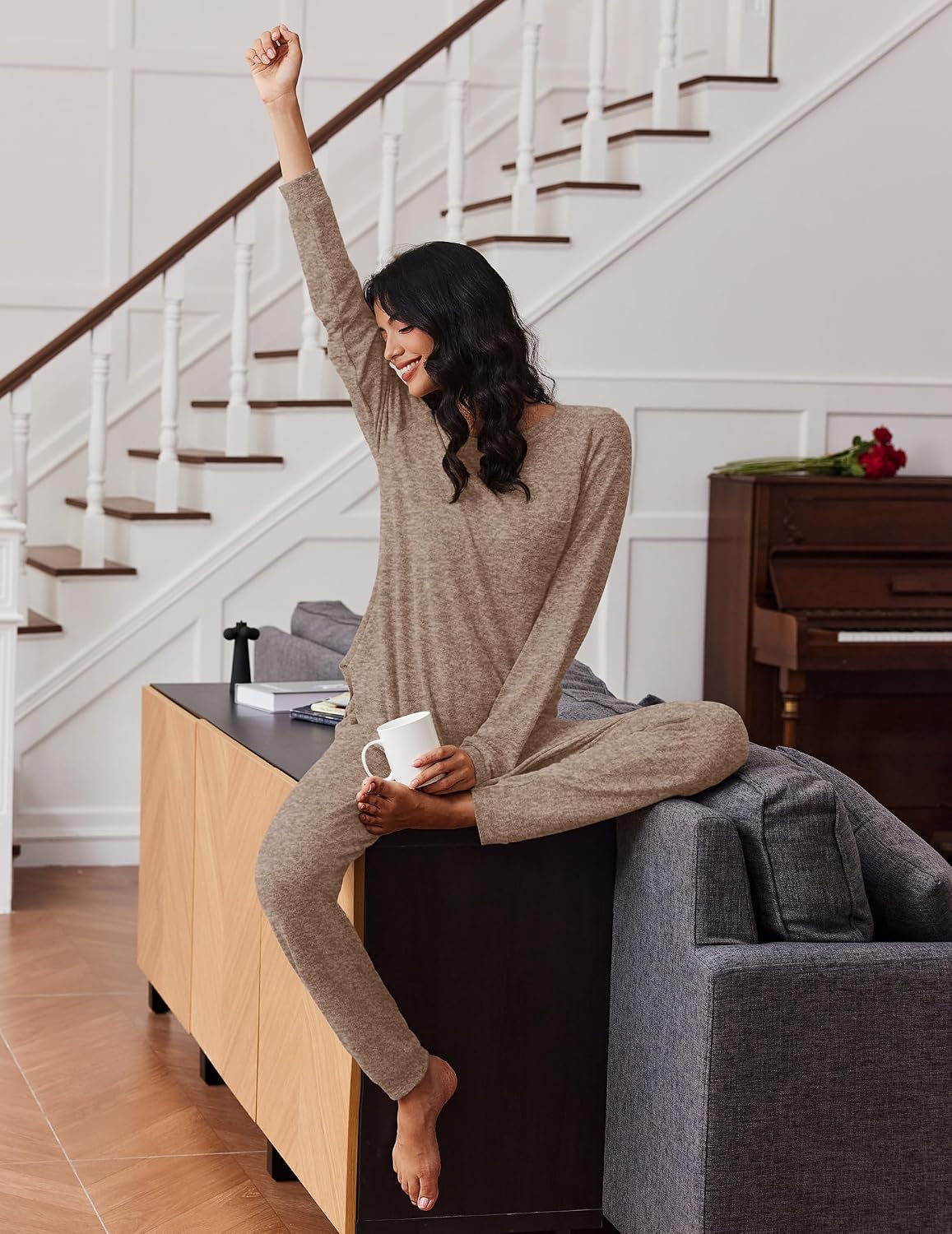 Thumbnail 2 de Ekouaer EYS005548 Women’s Two-Piece Pajama Set, Long Sleeve, Crew Neck