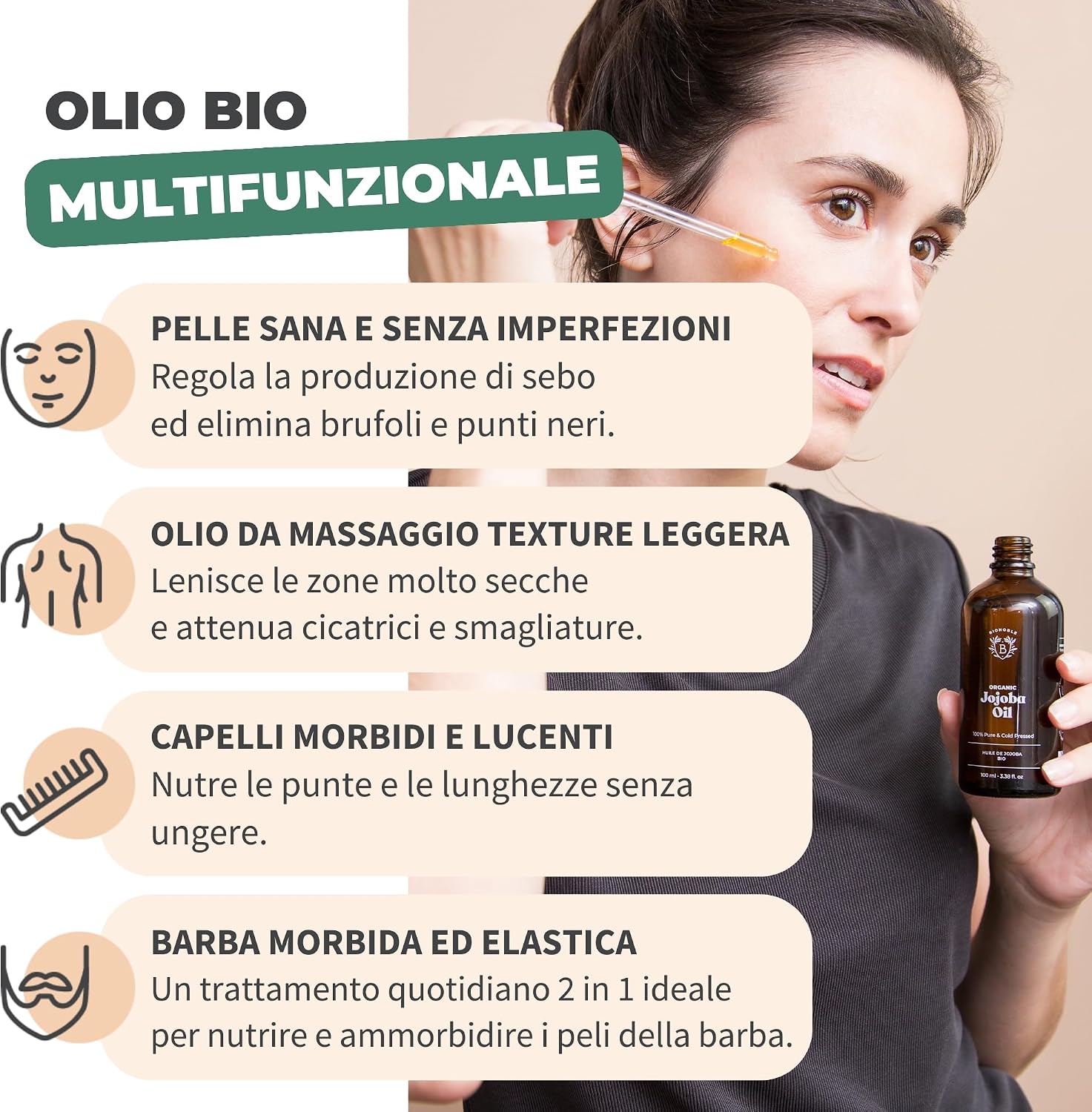 Detalle de BIONOBLE Olio di Jojoba Puro Biologico 100% - 50 ml pressato a freddo, multiposizione per pelle, capelli e corpo