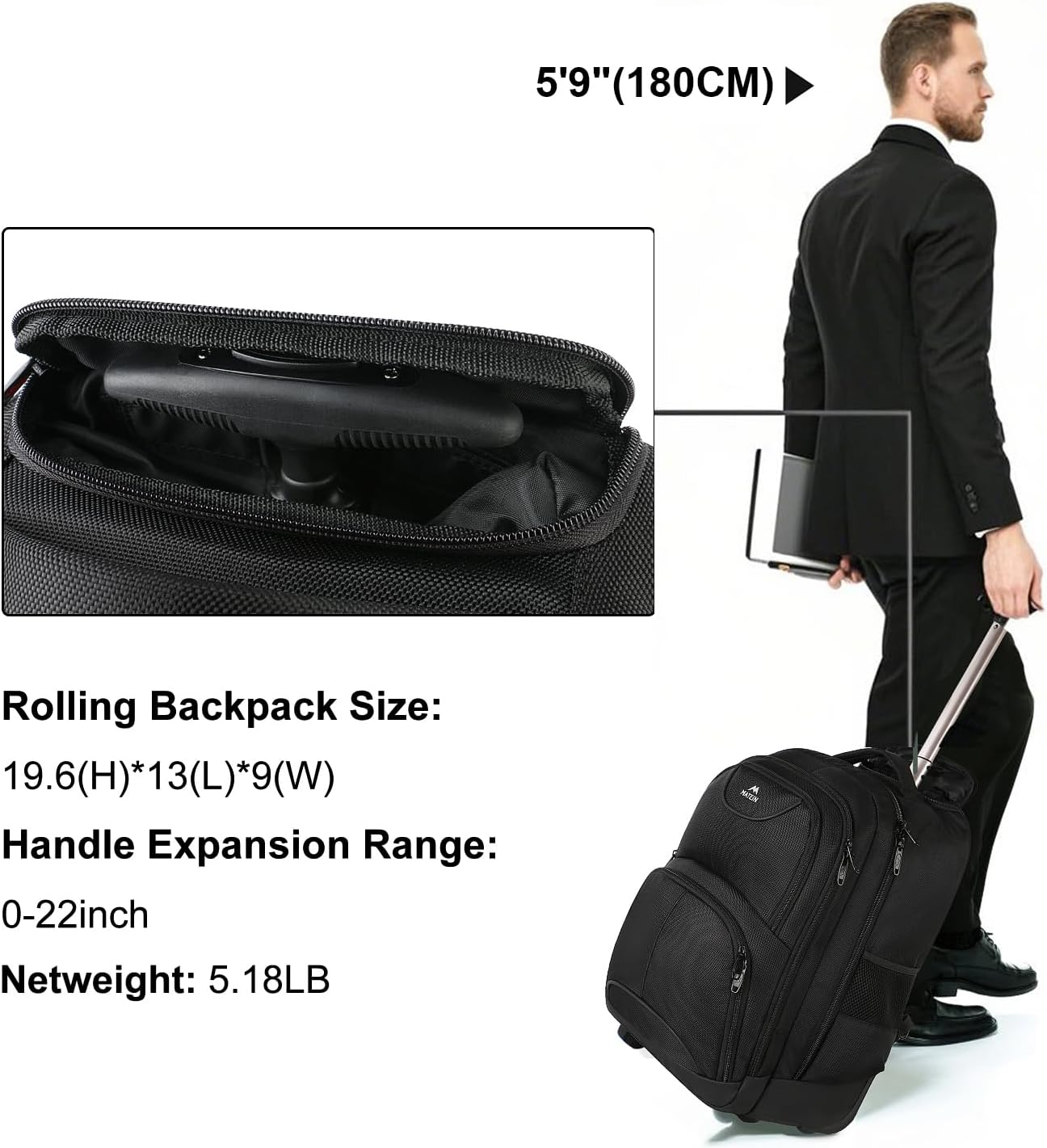 Thumbnail 4 de MATEIN Rolling Backpack: 17-Inch Water-Resistant Wheeled Laptop Backpack