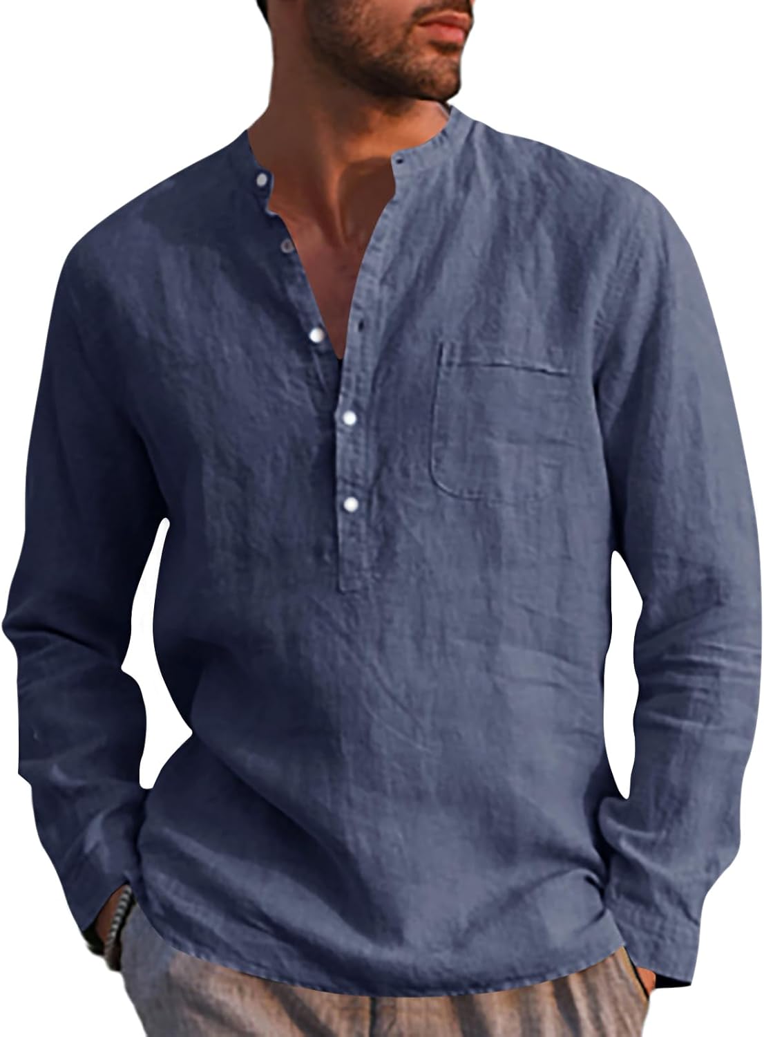 Thumbnail 6 de Runcati Herren Leinenhemd Langarm – Regular Fit aus Baumwolle/Leinen (Henley-Kragen, Brusttasche)