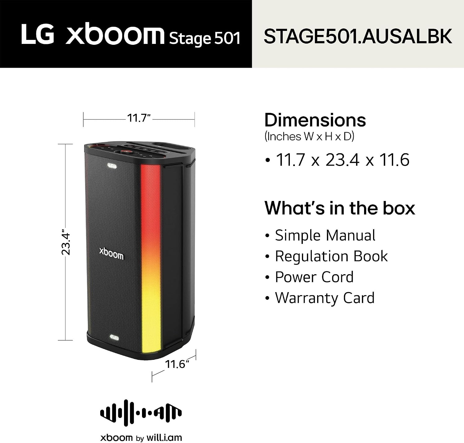Detalle de LG xboom Stage501.AUSALBK Karaoke Party Speaker, 25-Hour Playback, IPX4