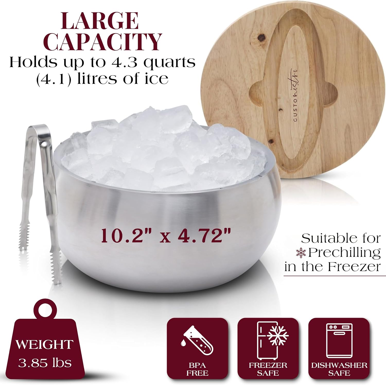 Thumbnail 4 de Gusto Nostro 4.1L Insulated Ice Bucket with Lid and Tongs (Double-Wall Stainless Steel)