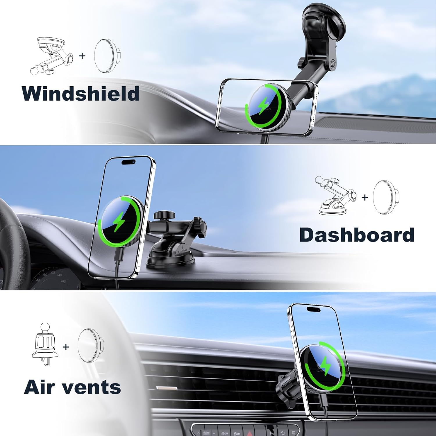 Detalle de MOKPR MagSafe Car Mount Charger 15W – 3-in-1 Magnetic Phone Holder with 360° Pivot (Carbon Fiber)