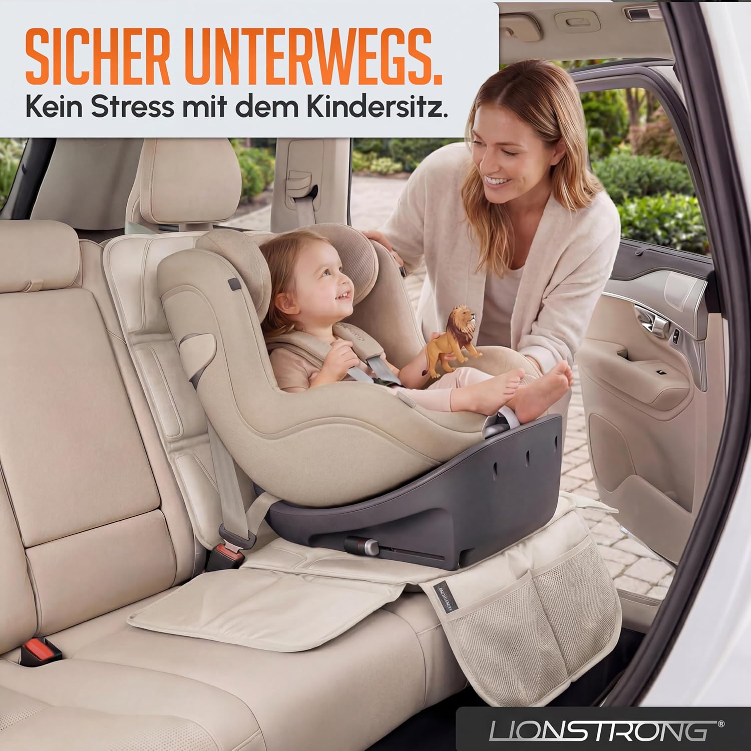Detalle de LIONSTRONG Kindersitzunterlage mit ISOFIX-Eignung – wasserabweisender Polyester, cremeweiß