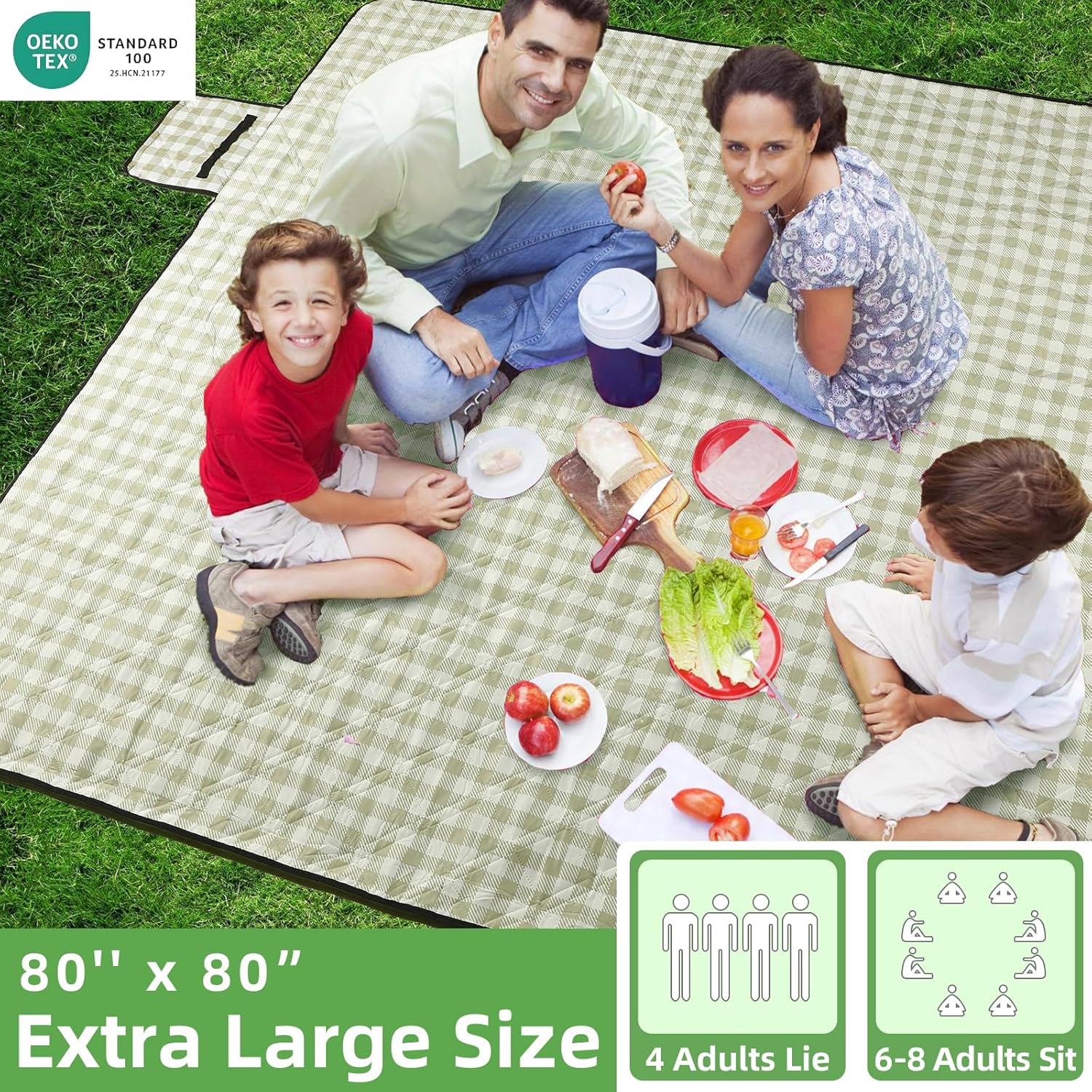 Detalle 2 de ZAZE Extra Large Picnic Outdoor Blanket (80''x80'') Waterproof Gingham Foldable Mat