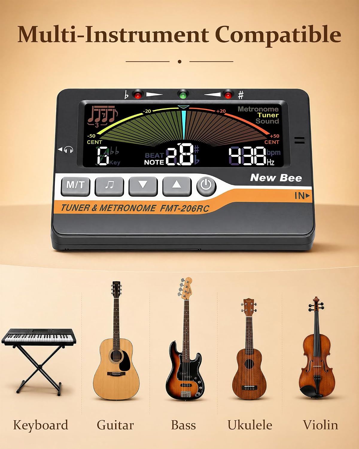 Detalle de New Bee FMT-206RC 3-in-1 Digital Metronome, Tuner and Tone Generator