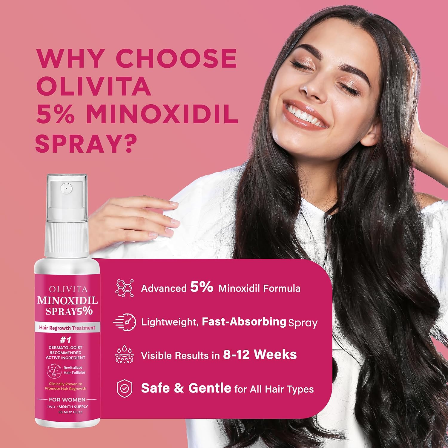 Detalle de 5% Minoxidil Spray for Women Hair Growth (Extra Strength) – Revitalize Hair Follicles & Regrow Thicker Hair, 2 Packs