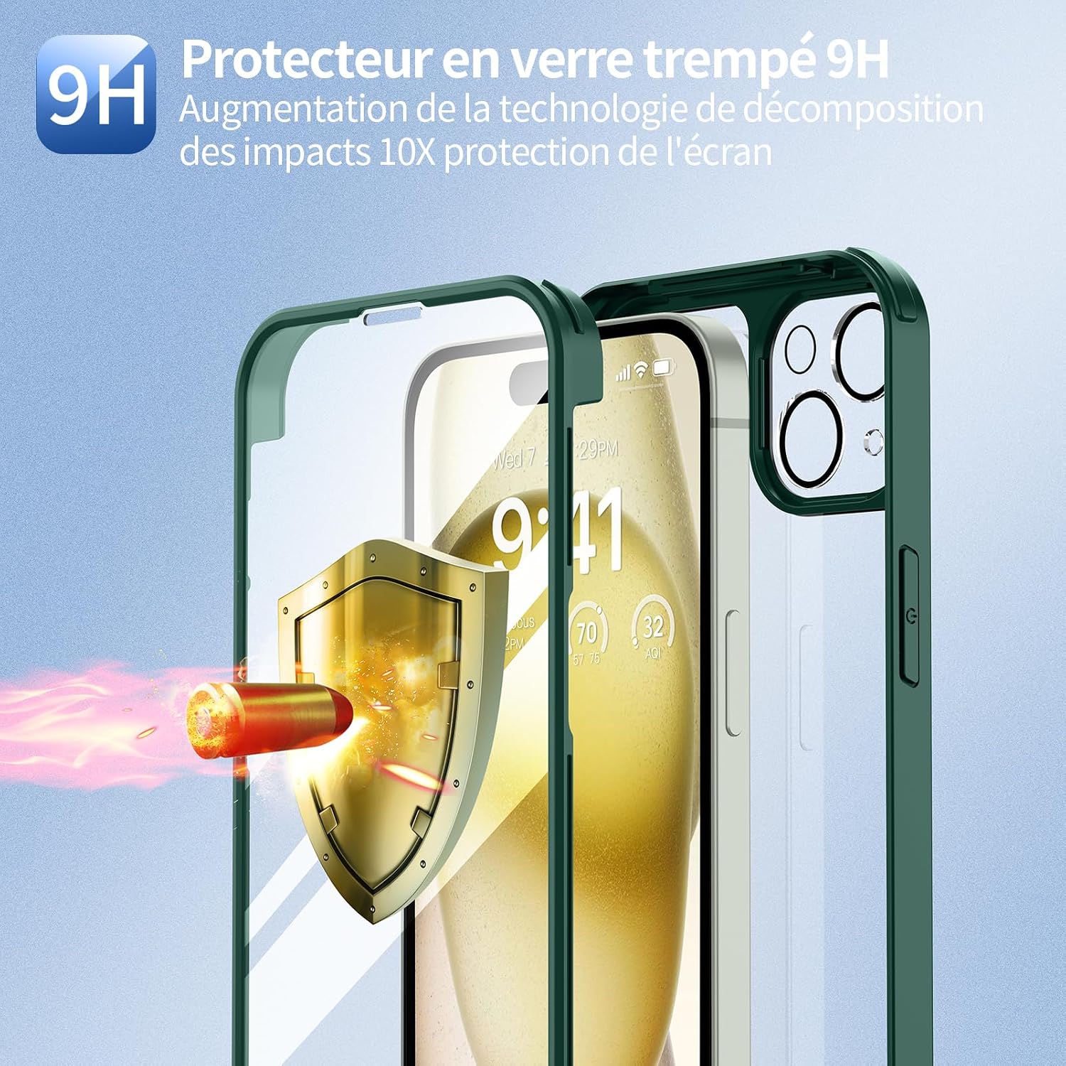 Detalle 2 de seacosmo Coque pour iPhone 15 Plus 6,7 Pouces – Protection intégrale verte avec verre trempé et bumper robuste