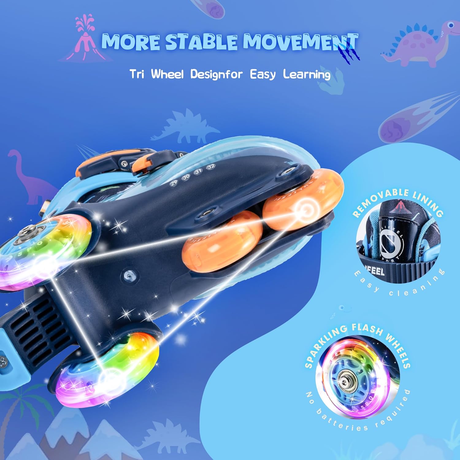 Detalle de SULIFEEL Adjustable Roller Skates for Kids – Three-Point Balance, Light-Up Wheels, Adjustable Fit