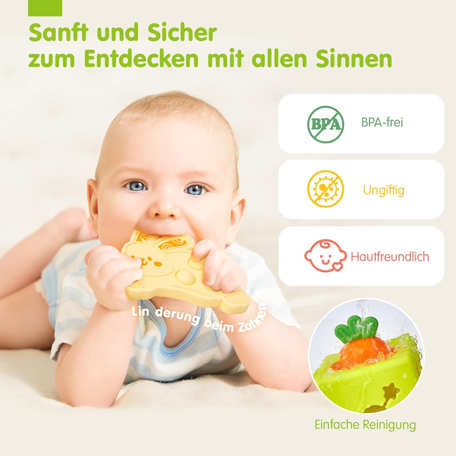 Thumbnail 5 de hahaland Baby Spielzeug 6 Monate – Silikon-Tücherbox, 6-in-1 Montessori Würfel mit Texturen, Spiegel und Beißring