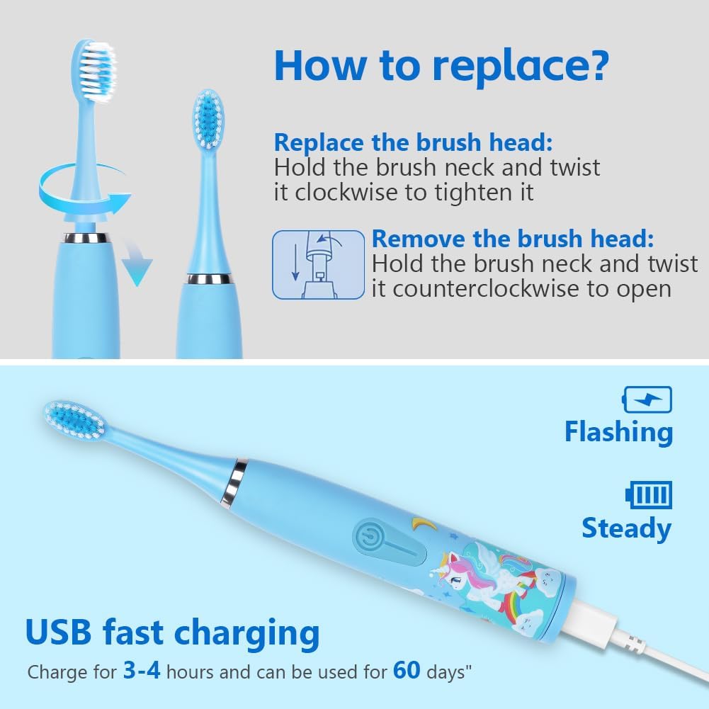Thumbnail 5 de Vicloon Kids Electric Toothbrush (Blue) – Rechargeable, 6 Replaceable Heads, 4 Modes, 2-Min Timer