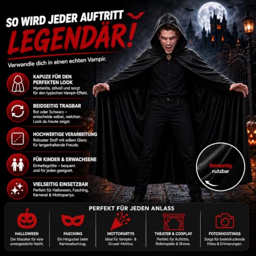 Detalle 2 de Costumed capa negra con capucha para disfraces de vampiro y Drácula