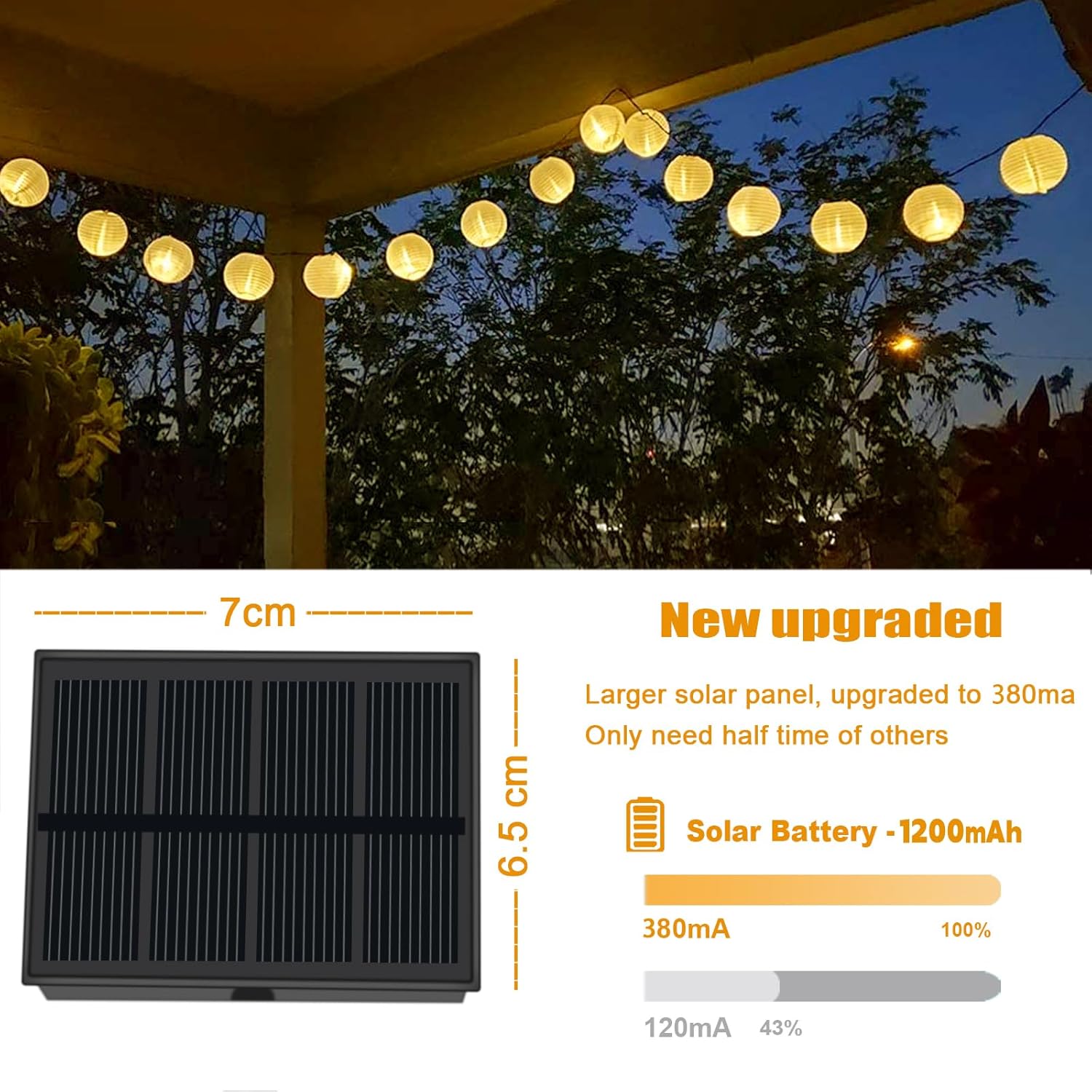 Thumbnail 2 de Bowfar Solar Lichterkette Lampions Außen – 10 m, 50 LEDs, IP65, 8 Modi, Akku 1200 mAh, Solarpanel-Upgrade