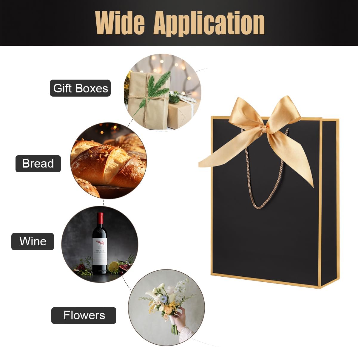 Detalle de Gift Bags for Presents, 12 Pack Medium Paper Bags with Bow Ribbon and Tissue Paper – Black