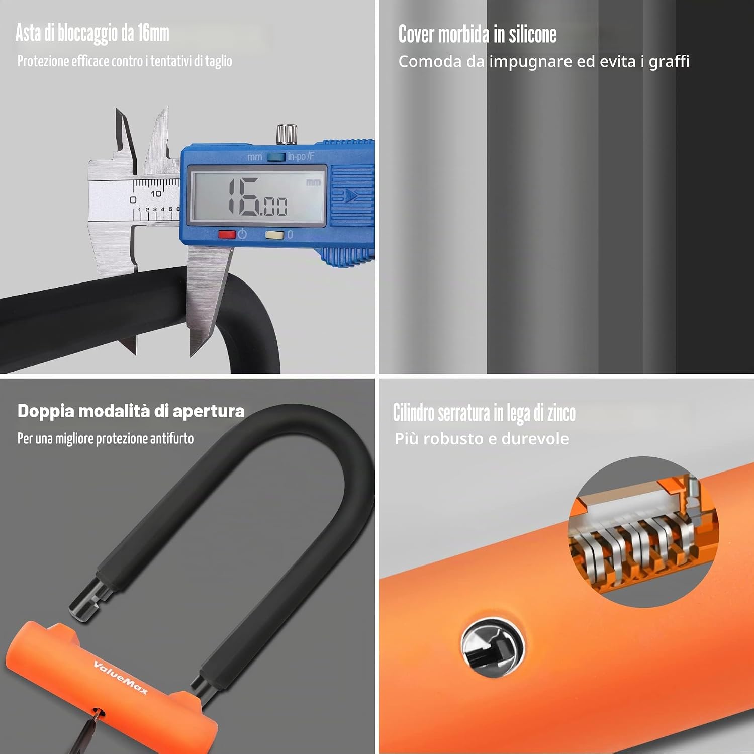 Detalle 2 de ValueMax Lucchetti a U 2 in 1 con Cavo 1,8 m e Supporto per Bicicletta, Veicoli Elettrici e Motocicli
