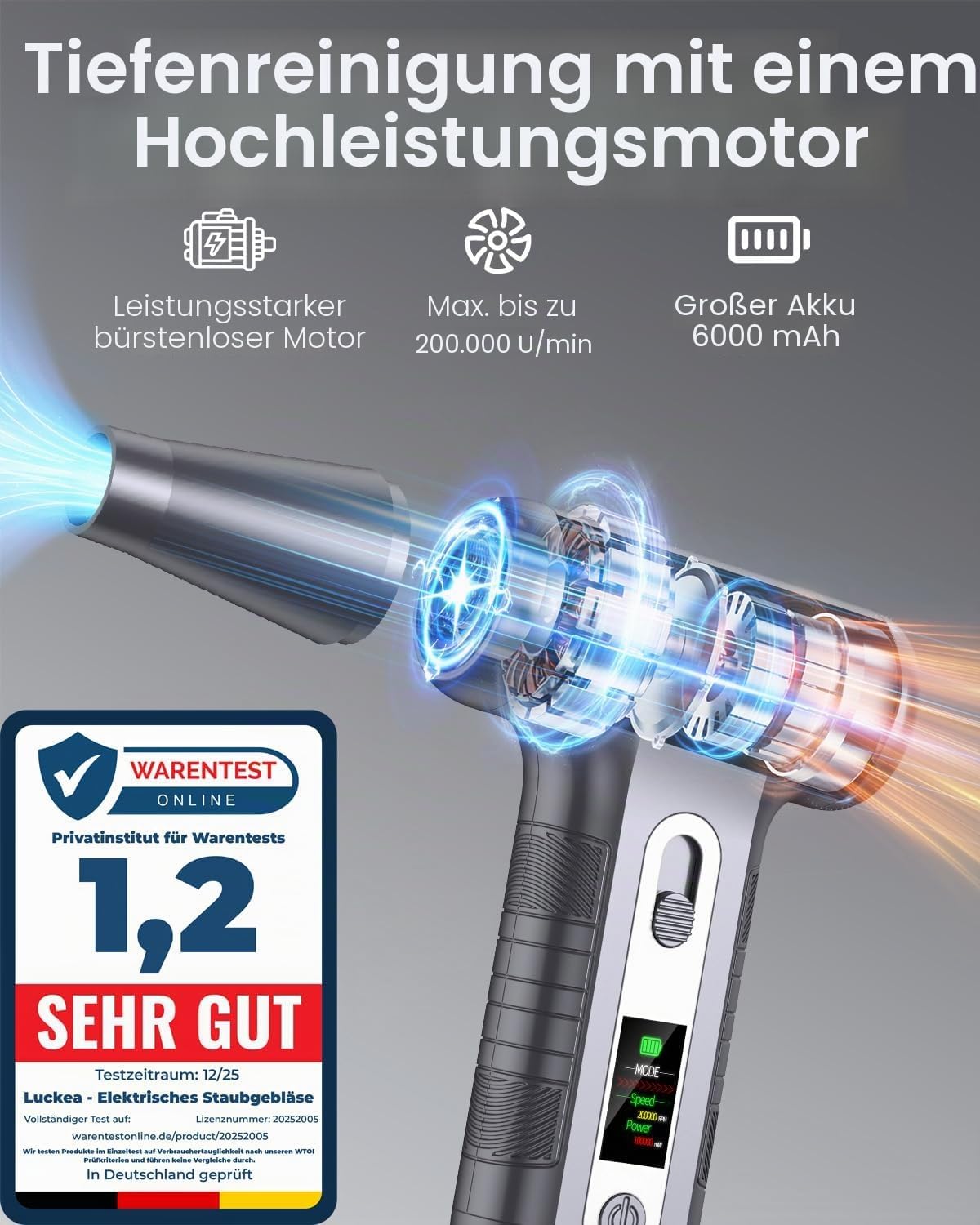 Detalle de Elektrische Staubgebläse 200000 U/min mit HD-Display – Air Duster Mini-Gebläse für PC-Reinigung (Modell W06, Silber)