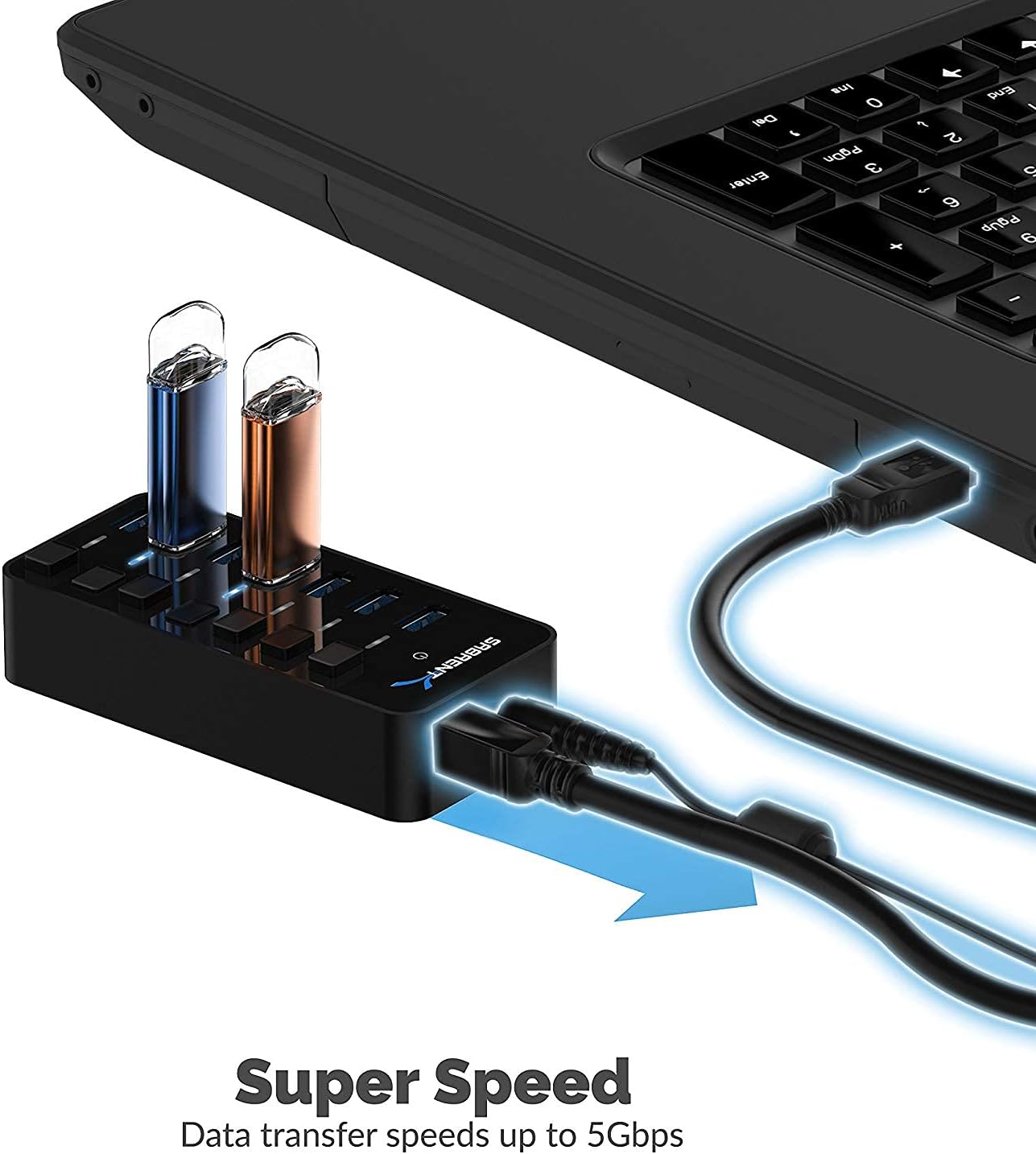 Thumbnail 3 de SABRENT Hub USB alimenté 7 ports 5 Gbps (HB-BUP7) avec interrupteurs et LED