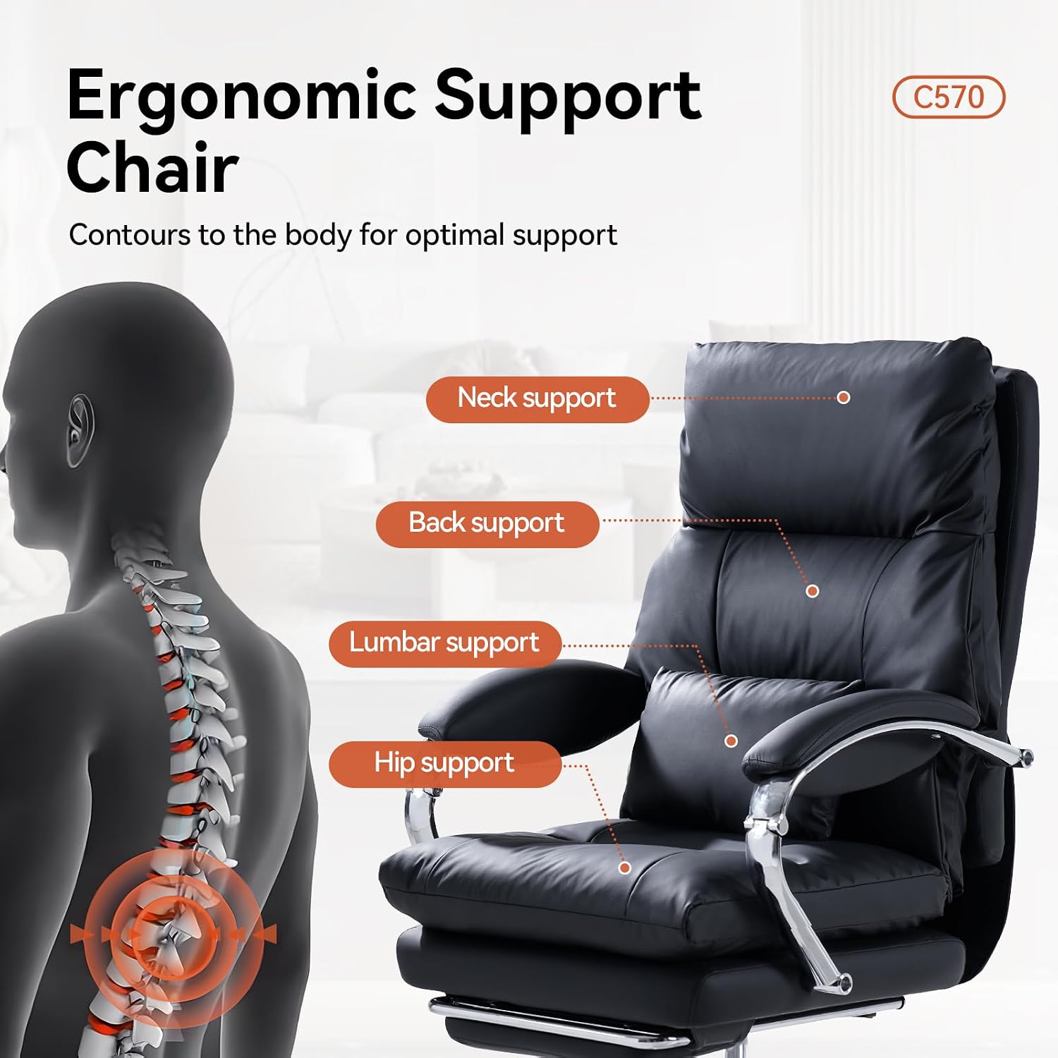 Thumbnail 2 de EMIAH Sedia da Ufficio Direzionale con Poggiapiedi — ergonomia, pelo pelle PU e rotelle per lunghe sessioni di lavoro