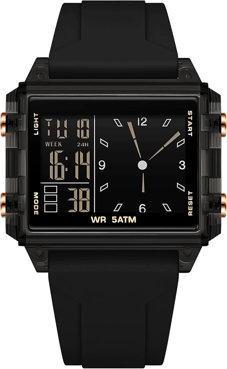 Detalle de findtime Rechteckige Armbanduhr: Hybrid aus Digital- und Analoguhr im bunten Silikonarmband