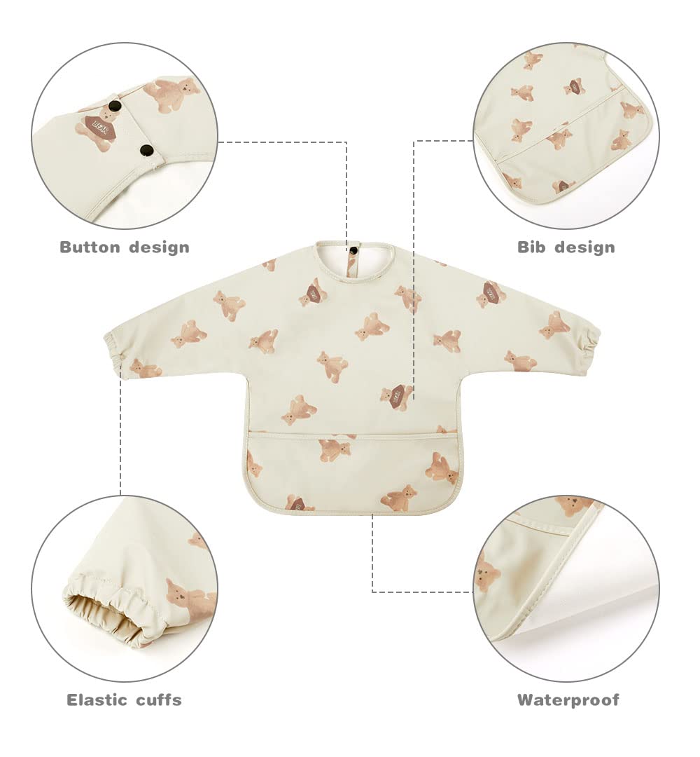 Detalle 2 de Vicloon Baby-Lätzchen mit langen Ärmeln, wasserdicht mit Tasche – beige (6–12 Monate)