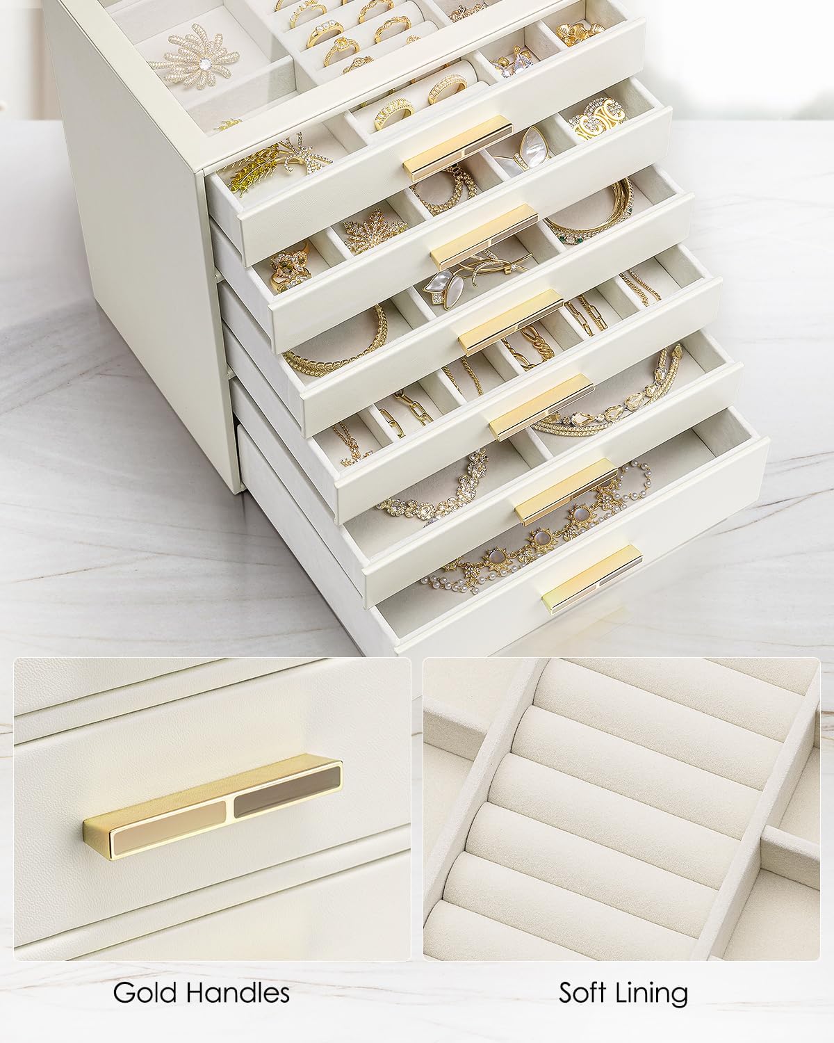 Detalle de VLANDO Schmuckkästchen Groß „Cinderella Plus“ beige mit 6 Ebenen, Glasdeckel und 6 Schubladen