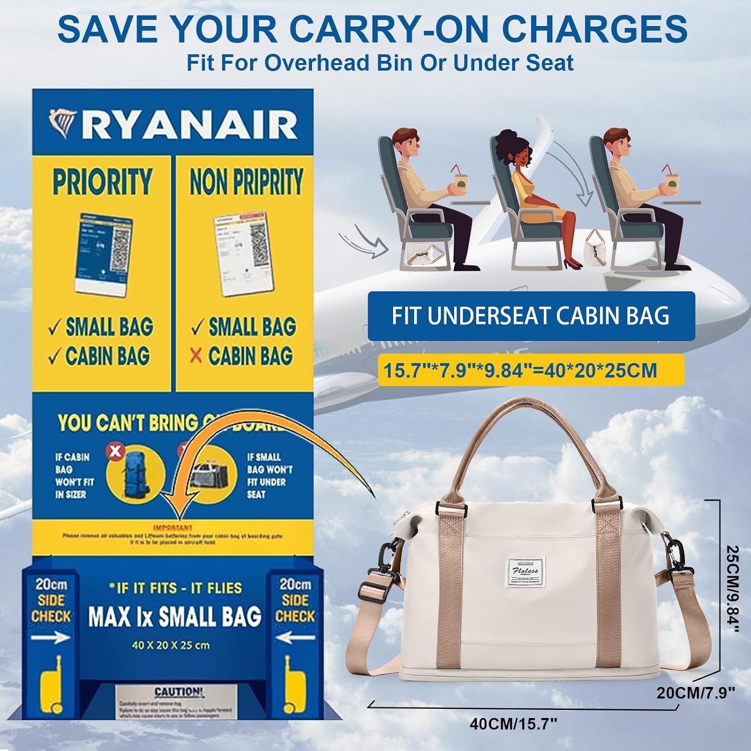 Thumbnail 1 de Ryanair Underseat Cabin Bag 40x30x20cm (Beige-Brown) with Expansion, Wet Pocket and Shoe Compartment