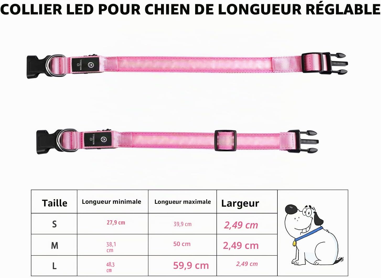 Detalle de MASBRILL Collier Lumineux pour Chien Rechargeable – LED Waterproof, 3 Modes, Taille M