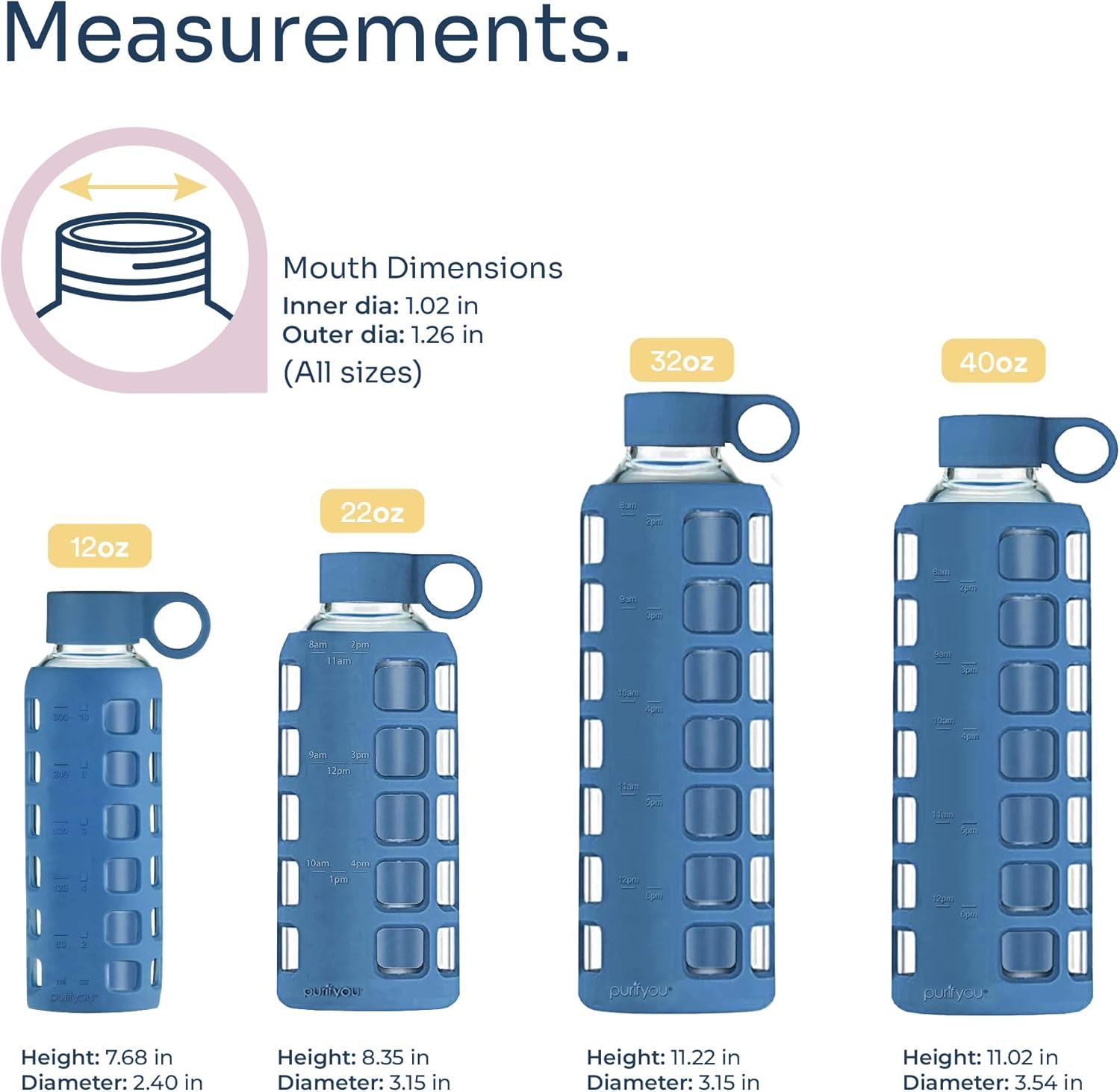 Thumbnail 1 de purifyou borosilicate glass water bottle with time & volume markers (32oz) and silicone sleeve
