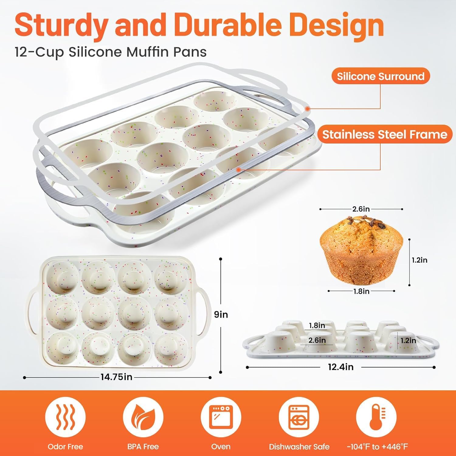 Thumbnail 1 de Vinino 2-Pack Silicone Muffin Pan (BPA-Free), 12-Cup Cupcake & Muffin Tray with Metal-Reinforced Frame