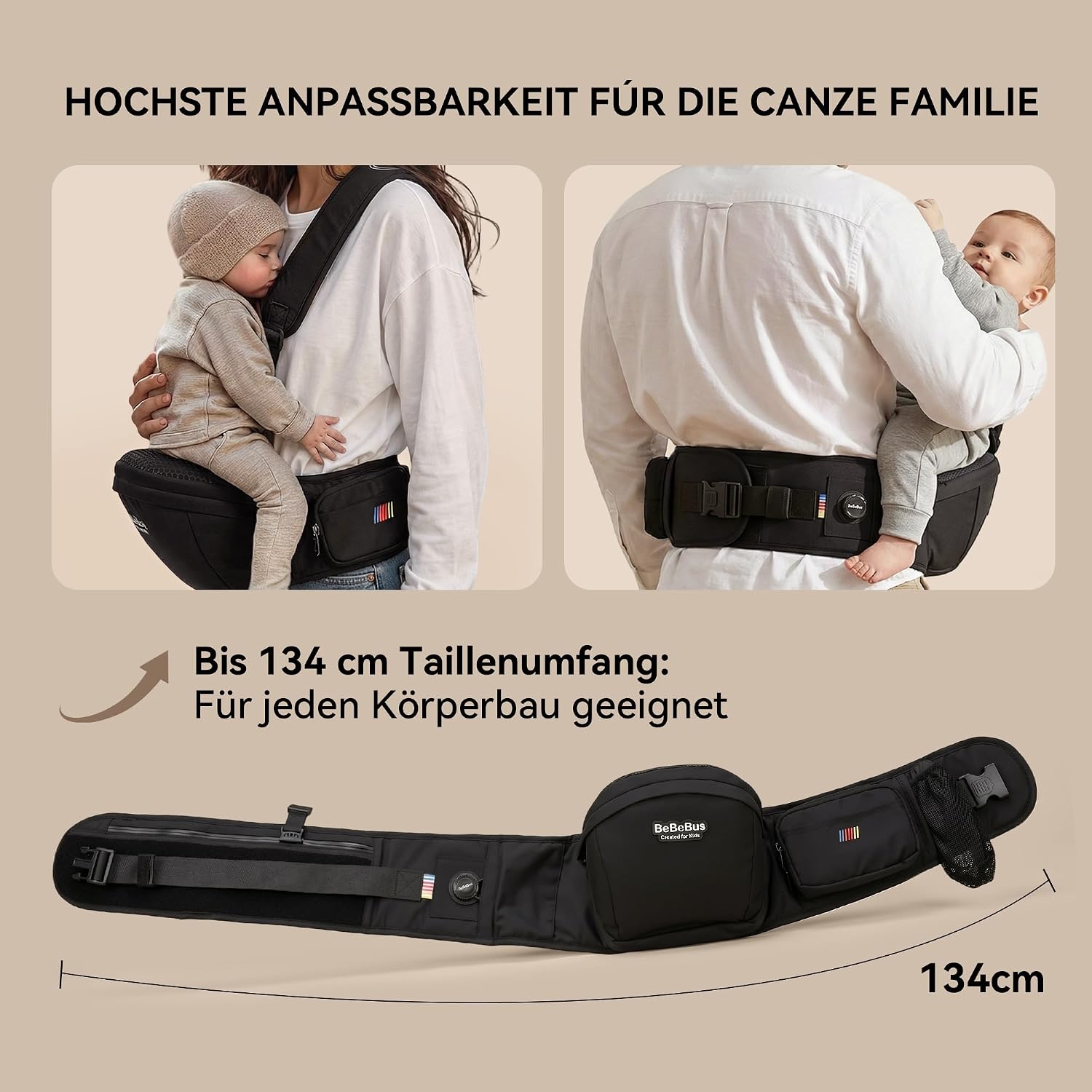 Thumbnail 5 de Bebebus Babytrage mit Hüftsitz und Hüfttrage – Stufenloser Drehmechanismus, Y-Trägersystem, Taschen & bis 20 kg