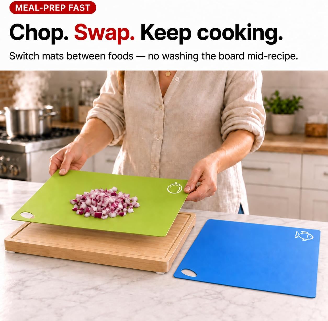 Detalle de Cooler Kitchen Bamboo Cutting Board Set with 6 Color-Coded Flexible Mats, Holder, BPA-Free (Dishwasher Safe)