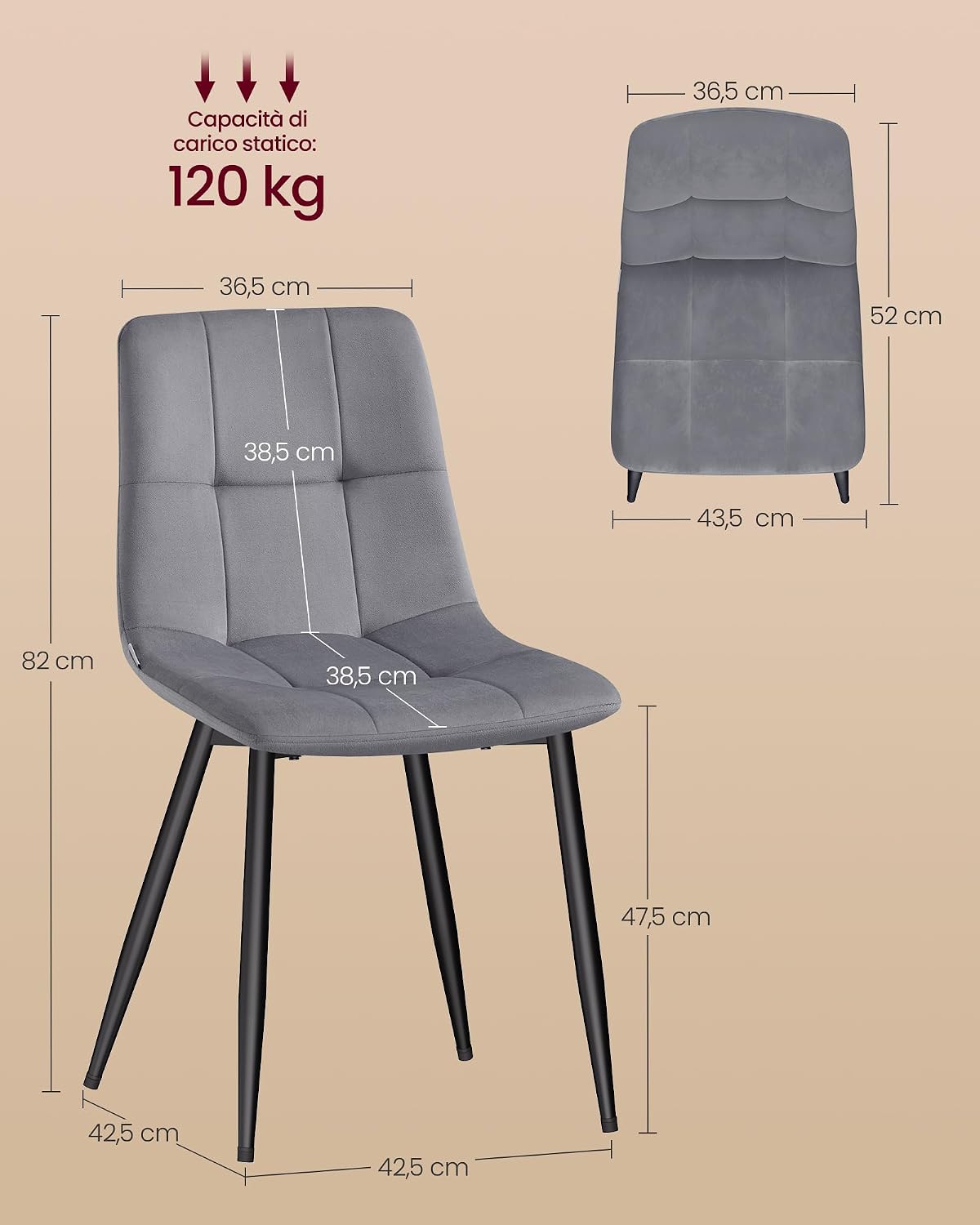 Detalle de VASAGLE KDC088GN01 Sedia in velluto 120 kg