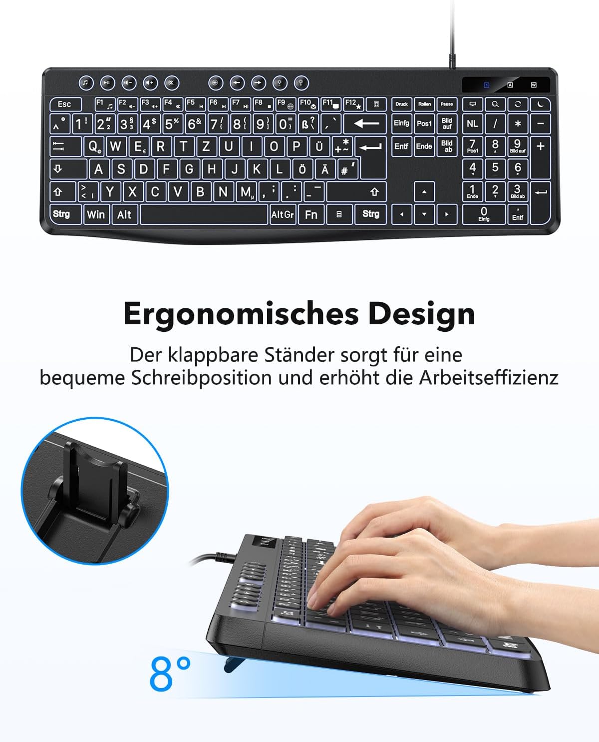 Thumbnail 5 de OMOTON Beleuchtete Tastatur – QWERTZ, Großschrift, 2-in-1 USB A/C, Kabeltastatur für Windows