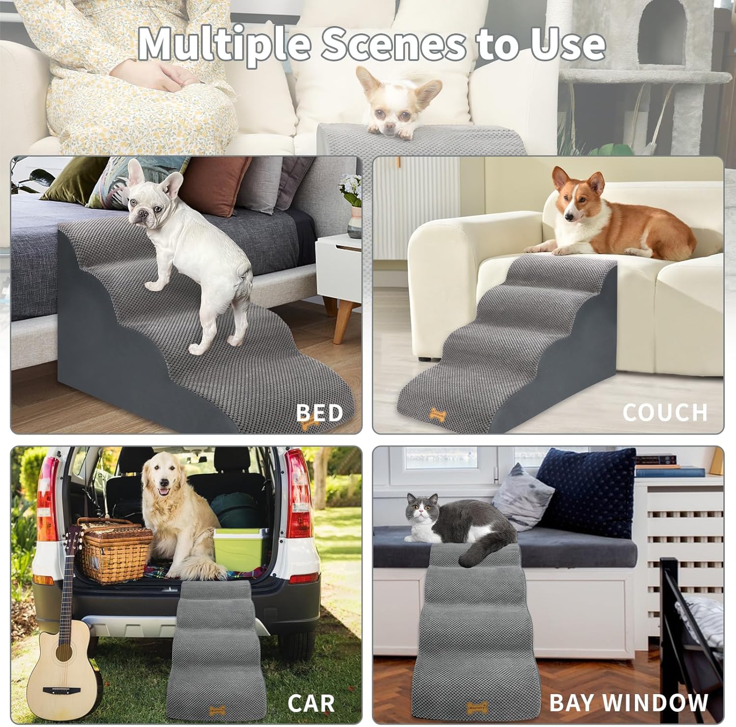 Thumbnail 5 de Nepfaivy 4-Step Dog Steps for Bed with High-Density Foam & Removable Cover (75 x 50 x 40cm)