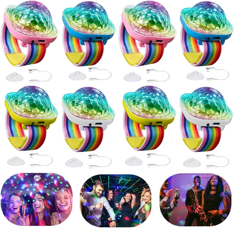 Detalle de Discokugel Armband Partylicht, 8er-Set – Musikgesteuerte Mini-LED Beamer mit Saugnapf, USB-Aufladung